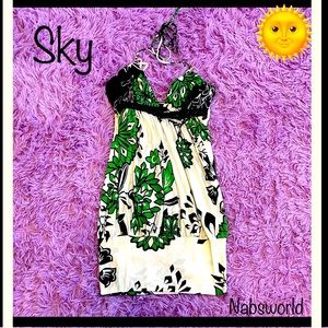 NWOT:SKY cream/pattern belted bodice halter neck mini dress